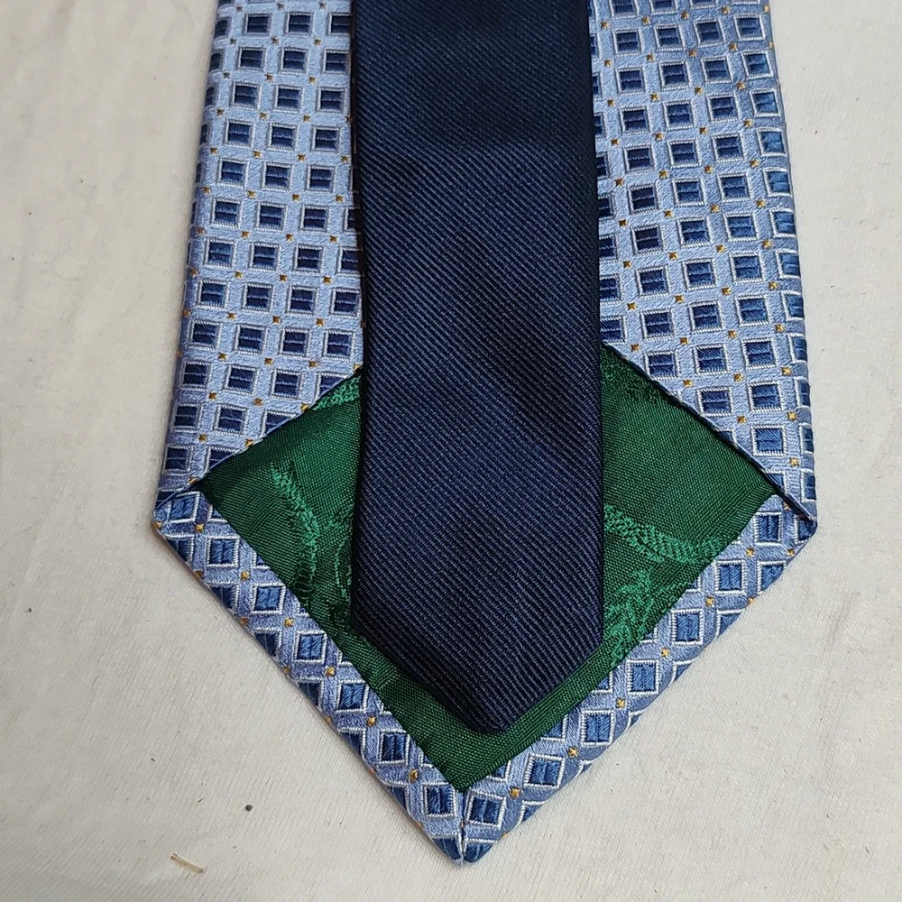 Tommy Hilfiger Silk Blue and Gold Square Pattern Tie 57 inches long